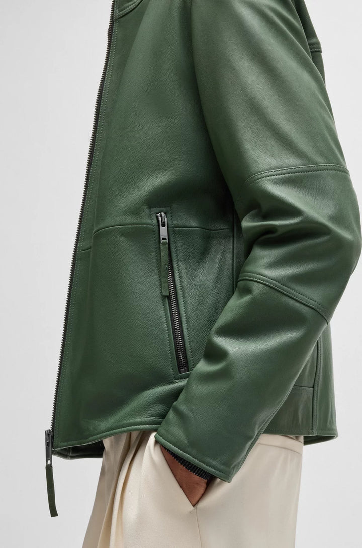 HUGO Slim-fit jacket in leather with stand collar
