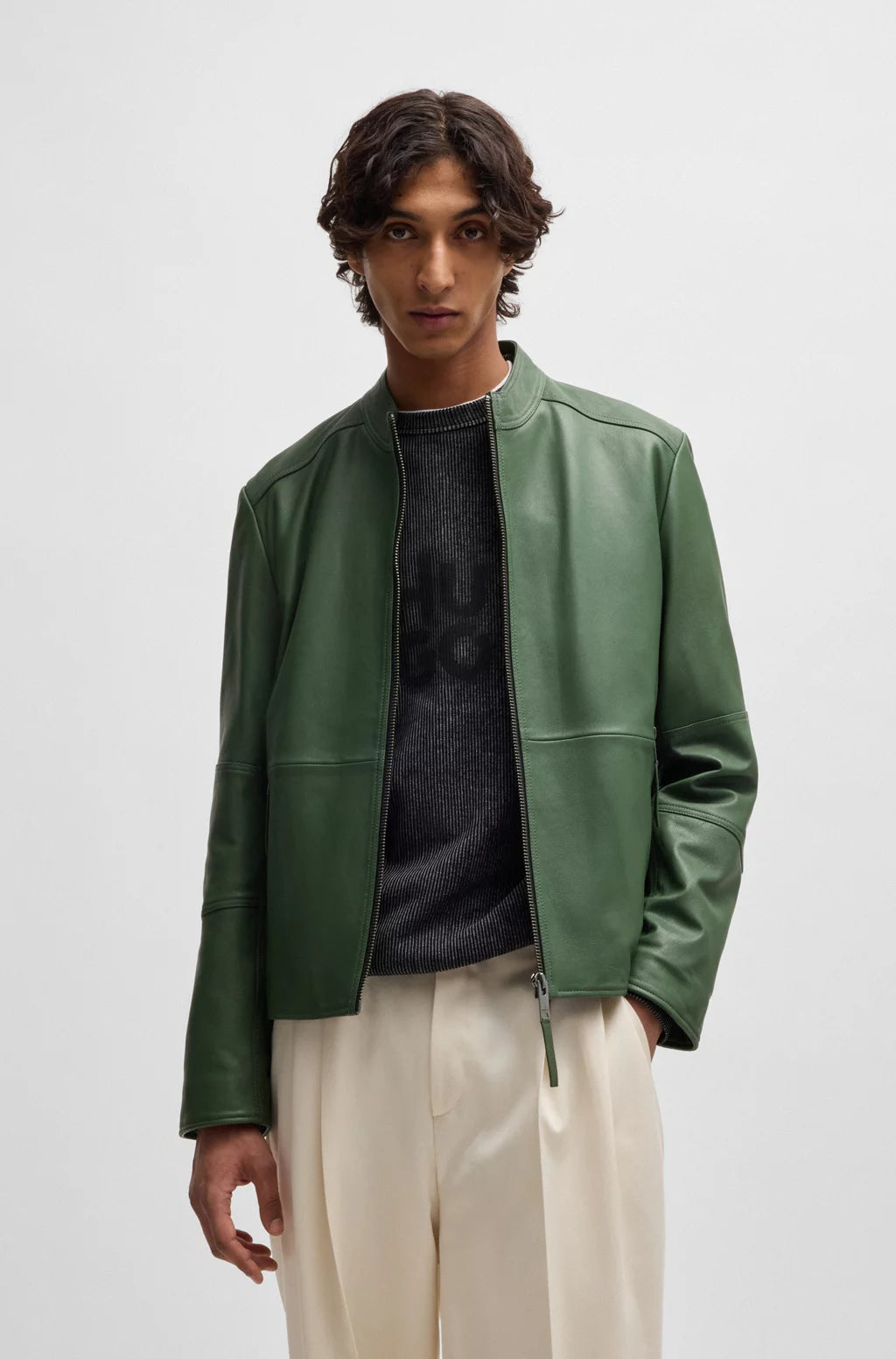 HUGO Slim-fit jacket in leather with stand collar