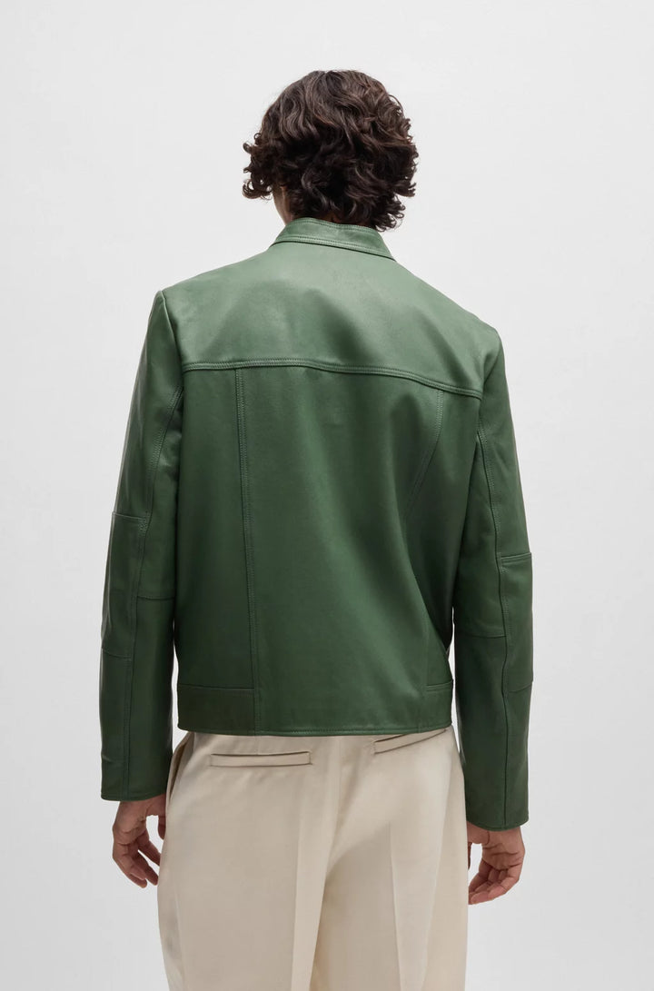HUGO Slim-fit jacket in leather with stand collar