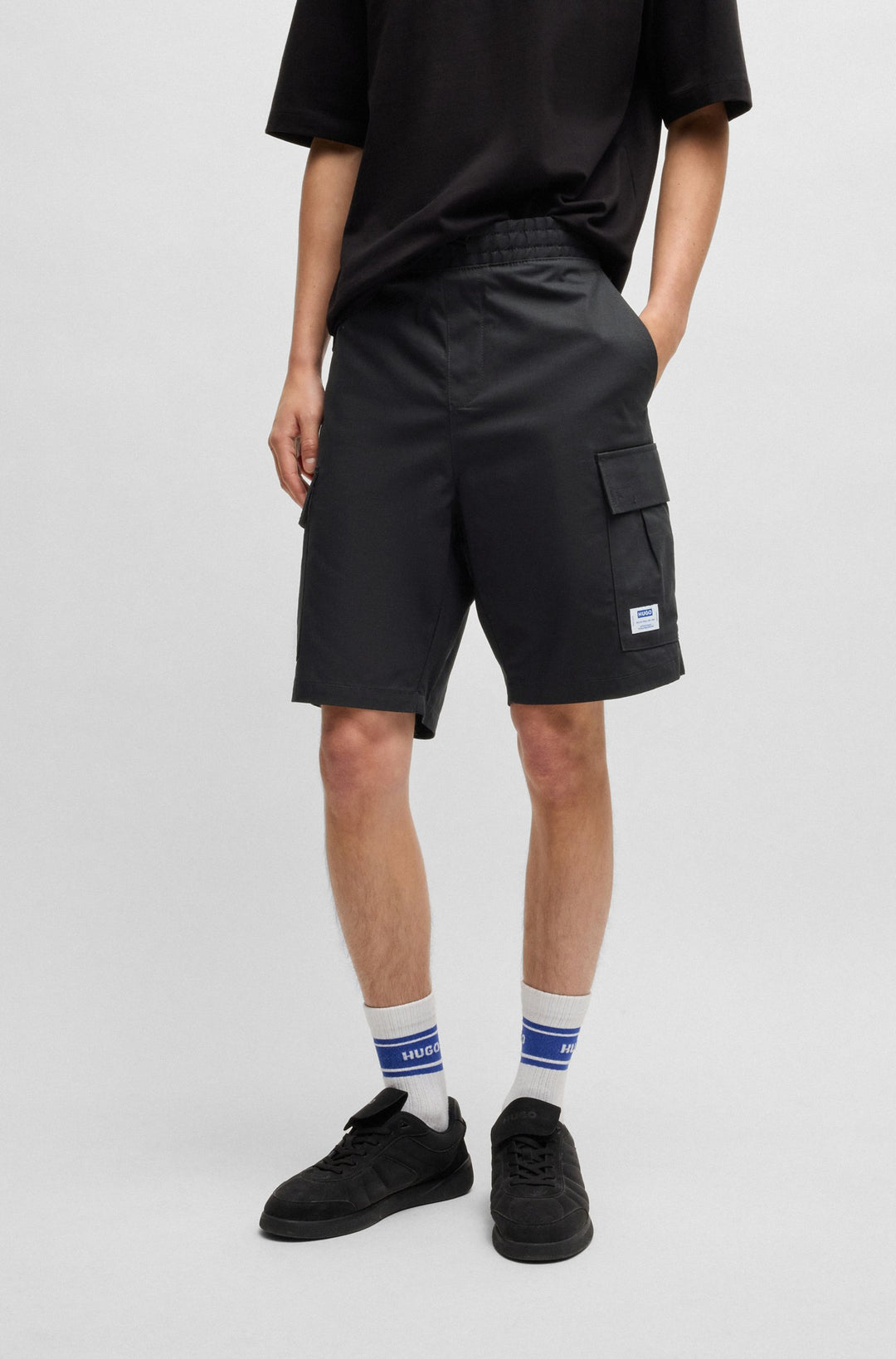 Hugo Structured-cotton shorts with drawstring and logo patch