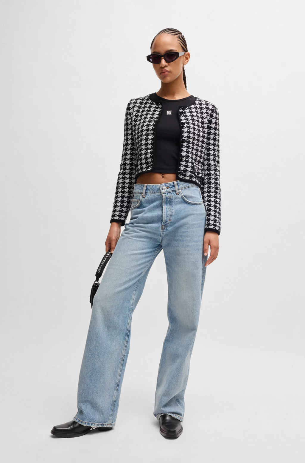 HUGO CROPPED CARDIGAN IN A HOUNDSTOOTH COTTON BLEND