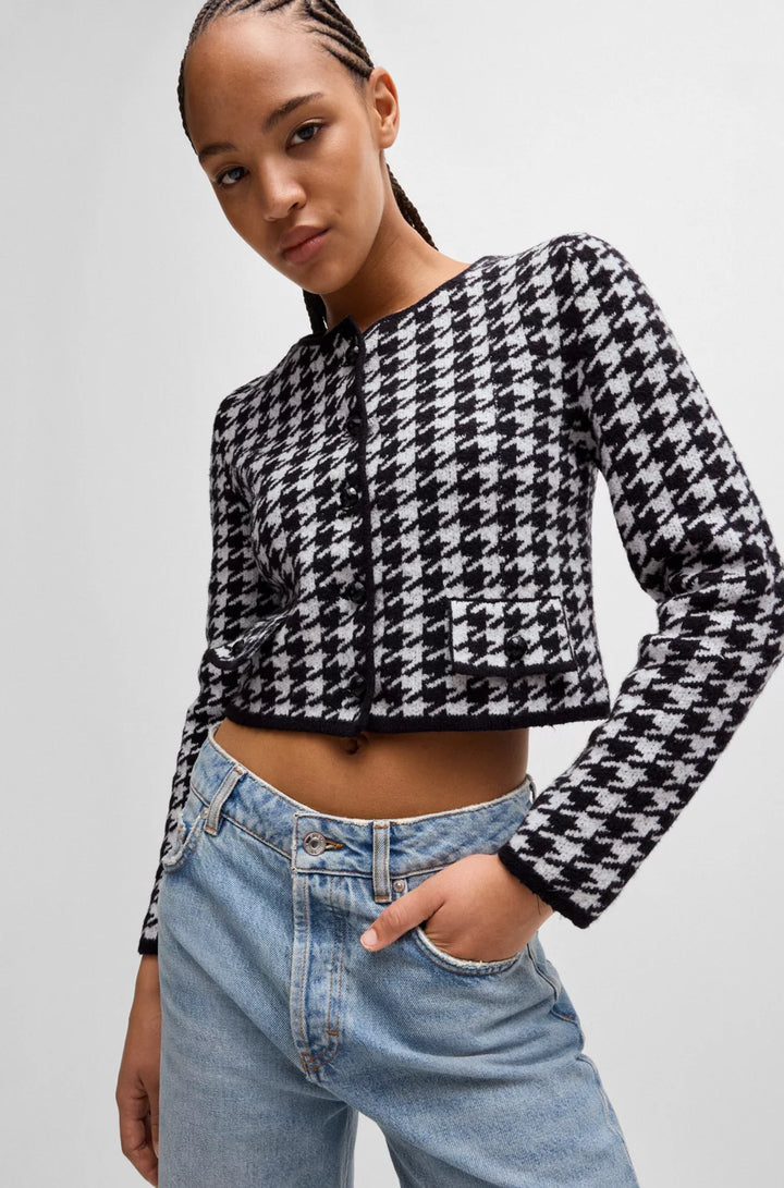 HUGO CROPPED CARDIGAN IN A HOUNDSTOOTH COTTON BLEND