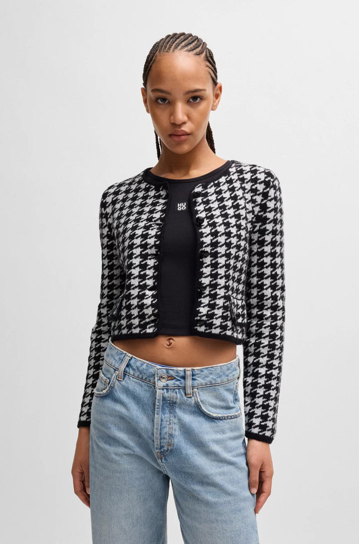 HUGO CROPPED CARDIGAN IN A HOUNDSTOOTH COTTON BLEND