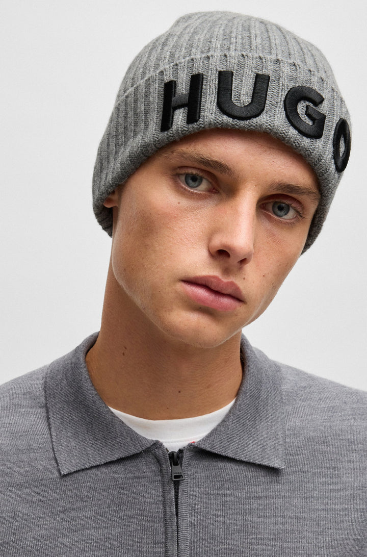 Hugo Wool beanie hat with logo detail