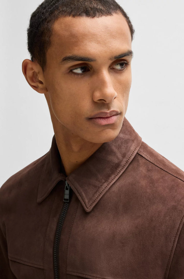 BOSS Regular-fit jacket in soft suede with zip front
