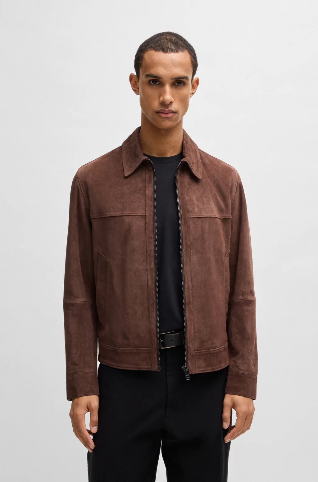 BOSS Regular-fit jacket in soft suede with zip front
