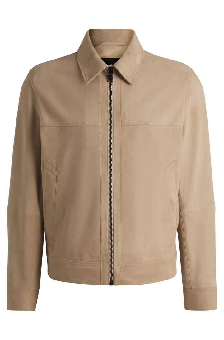 BOSS Regular-fit jacket in soft suede with zip front