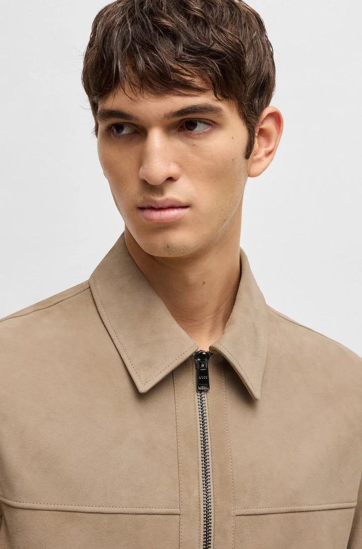 BOSS Regular-fit jacket in soft suede with zip front