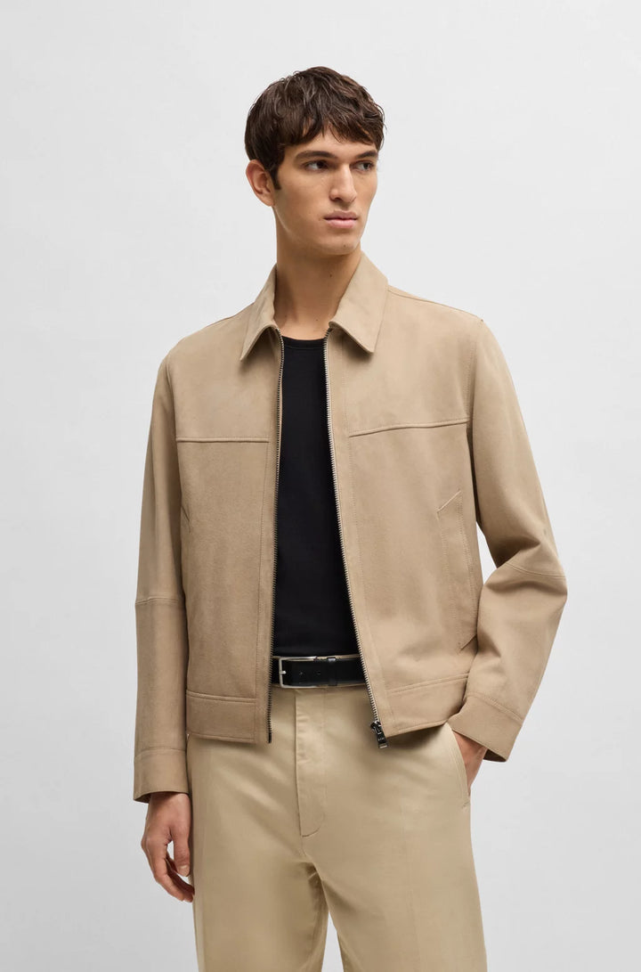 BOSS Regular-fit jacket in soft suede with zip front
