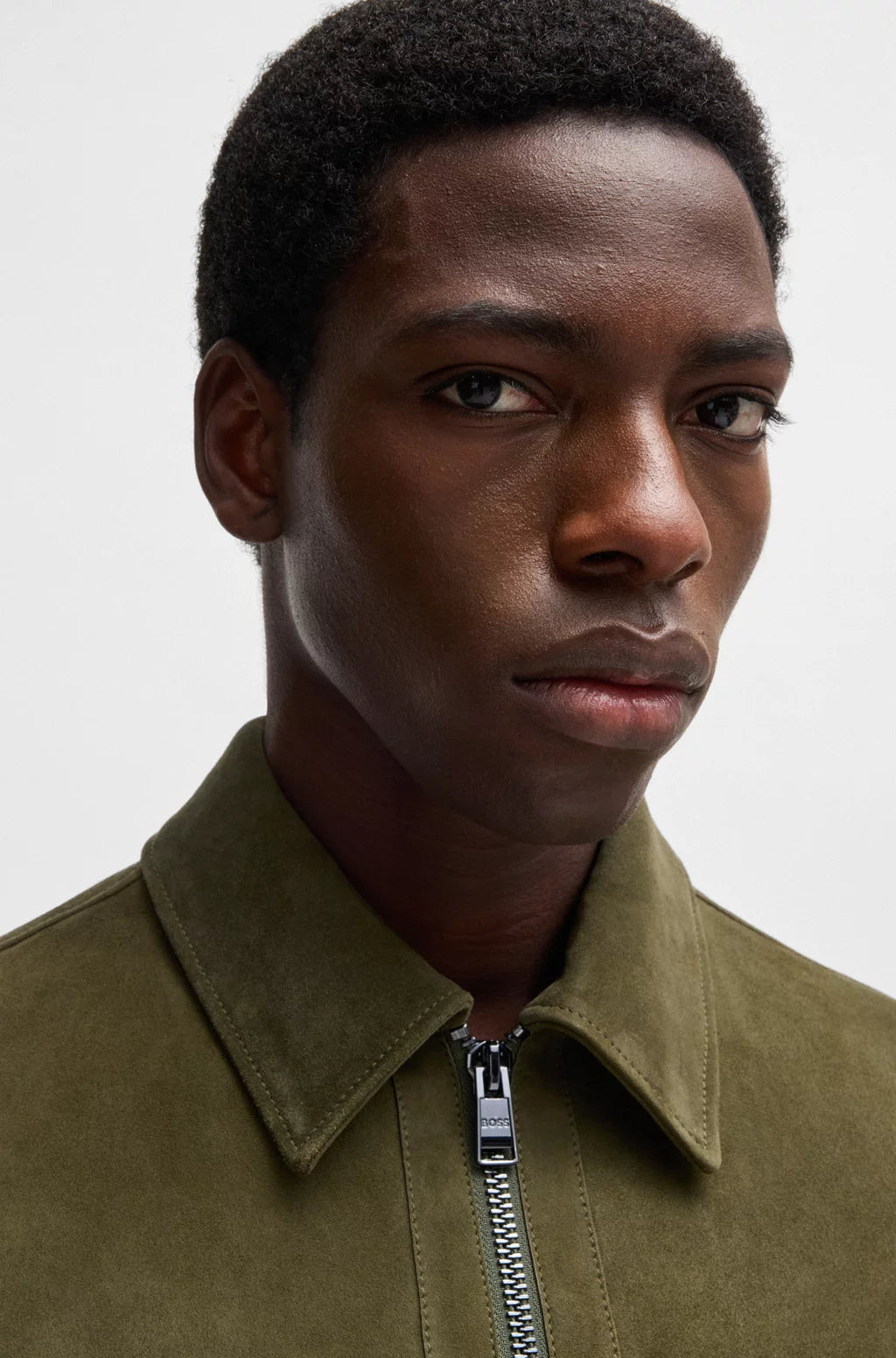 BOSS Regular-fit jacket in soft suede with zip front