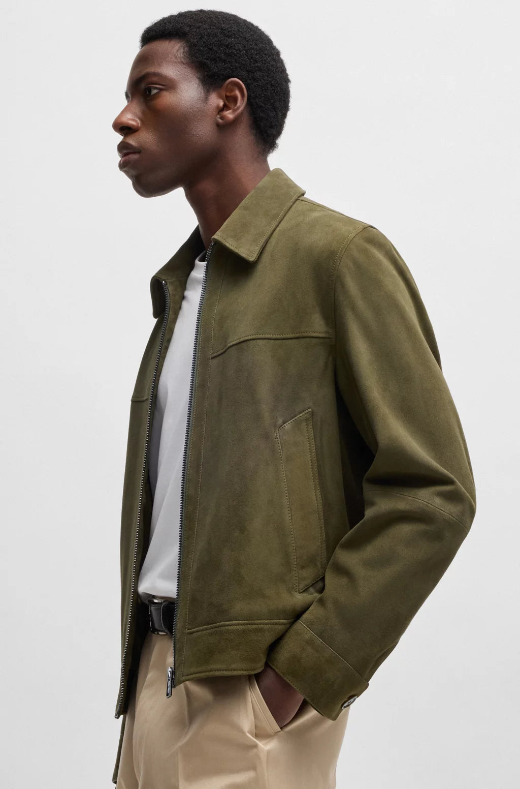 BOSS Regular-fit jacket in soft suede with zip front
