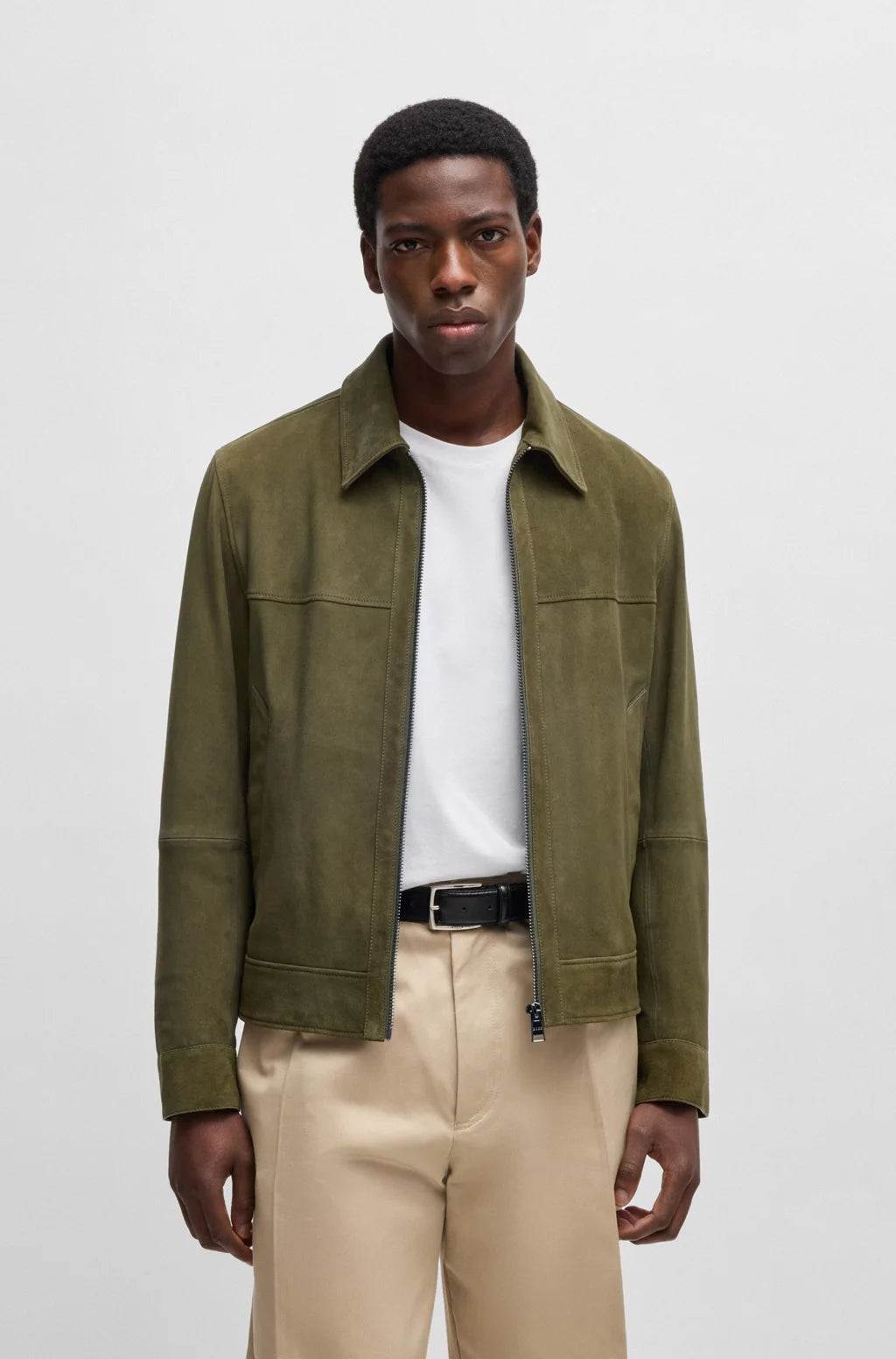 BOSS Regular-fit jacket in soft suede with zip front