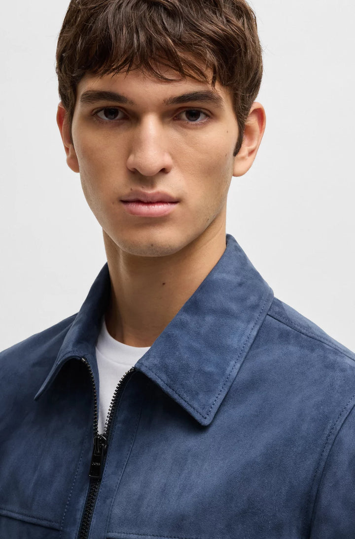 BOSS Regular-fit jacket in soft suede with zip front