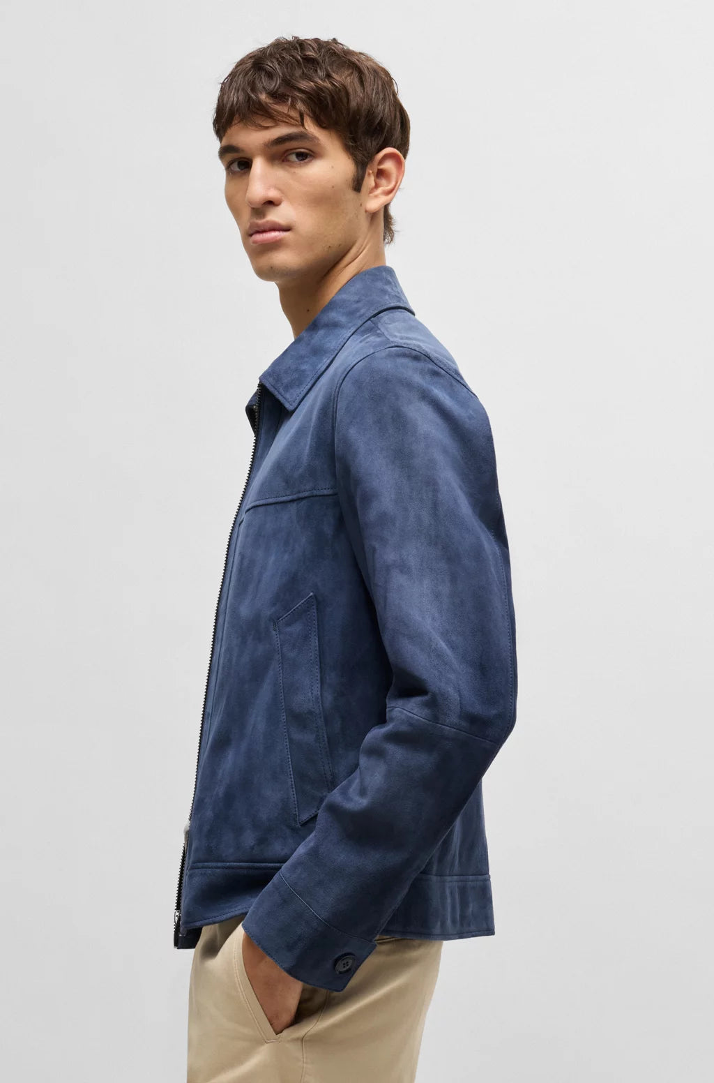 BOSS Regular-fit jacket in soft suede with zip front
