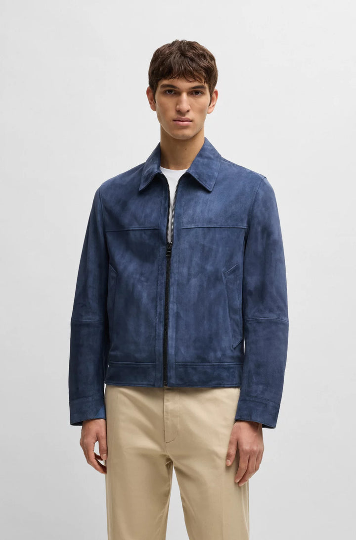 BOSS Regular-fit jacket in soft suede with zip front