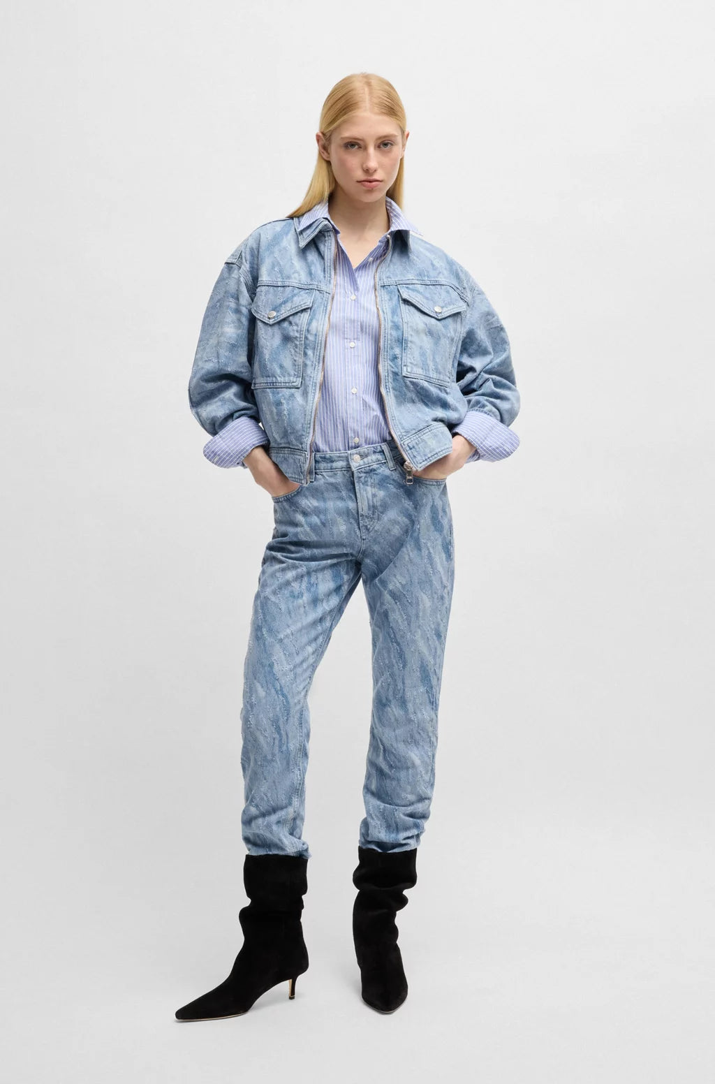 BOSS SLIM-FIT JEANS IN LASER-PATTERNED BLUE DENIM