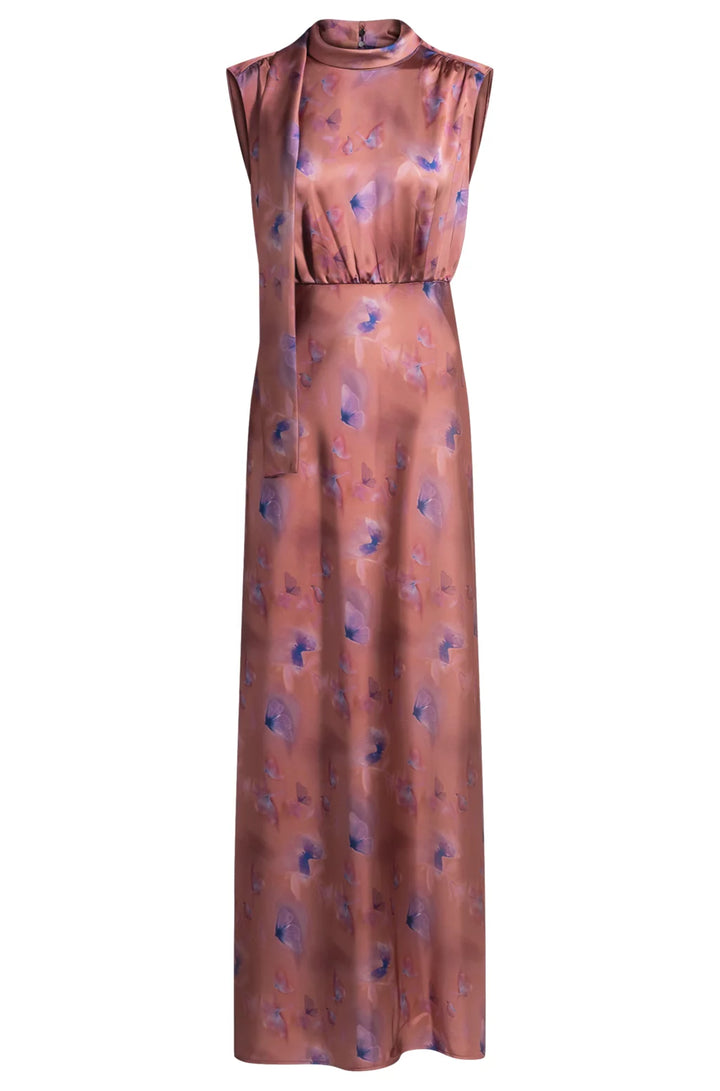 HUGO HIGH-NECK BUTTERFLY-PRINT MAXI DRESS IN SOFT SATIN