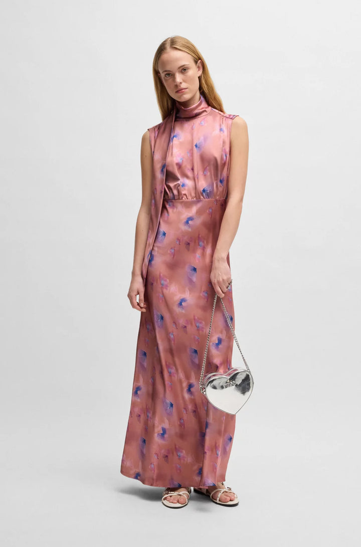 HUGO HIGH-NECK BUTTERFLY-PRINT MAXI DRESS IN SOFT SATIN