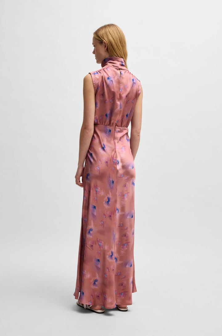 HUGO HIGH-NECK BUTTERFLY-PRINT MAXI DRESS IN SOFT SATIN