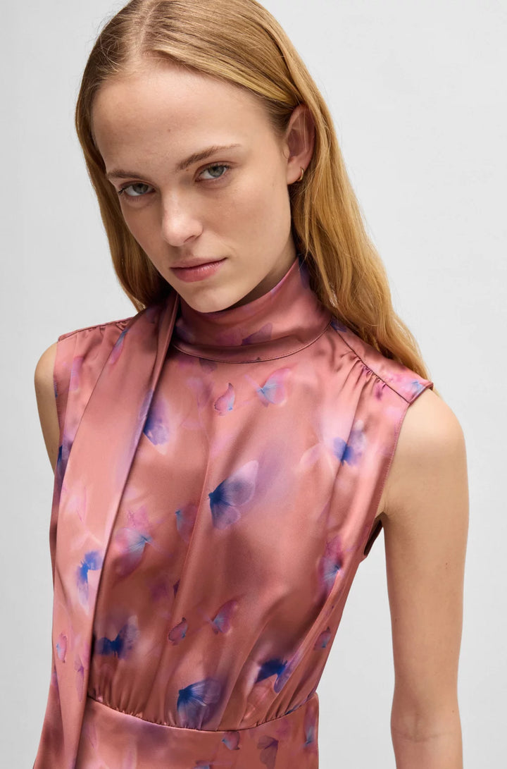 HUGO HIGH-NECK BUTTERFLY-PRINT MAXI DRESS IN SOFT SATIN