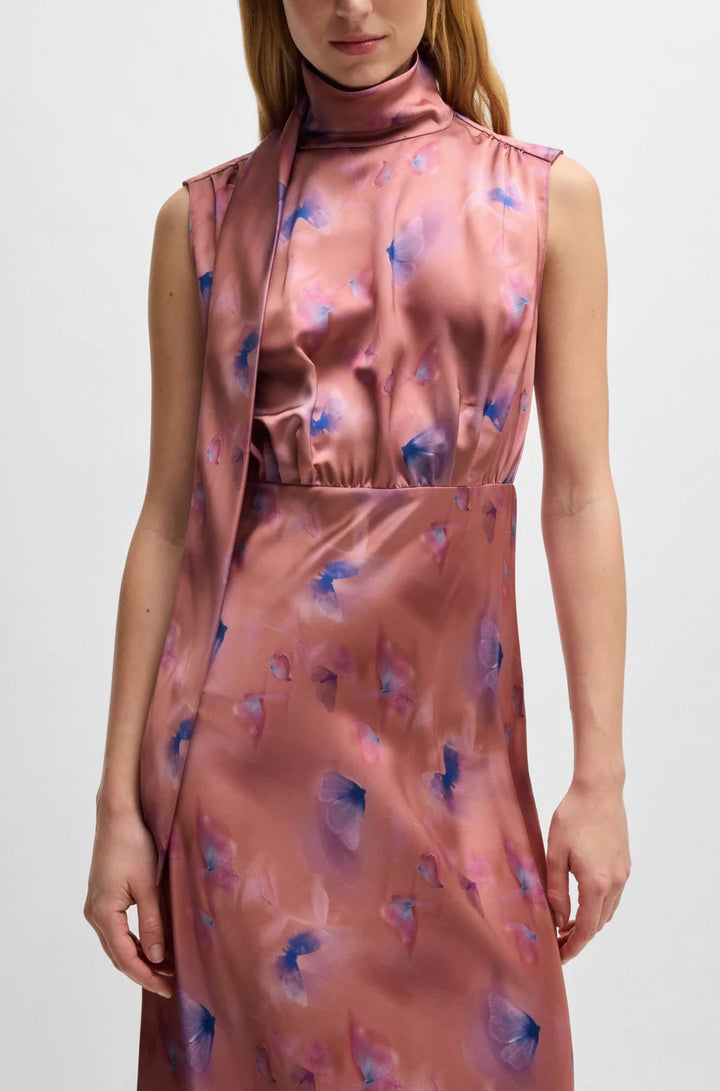 HUGO HIGH-NECK BUTTERFLY-PRINT MAXI DRESS IN SOFT SATIN