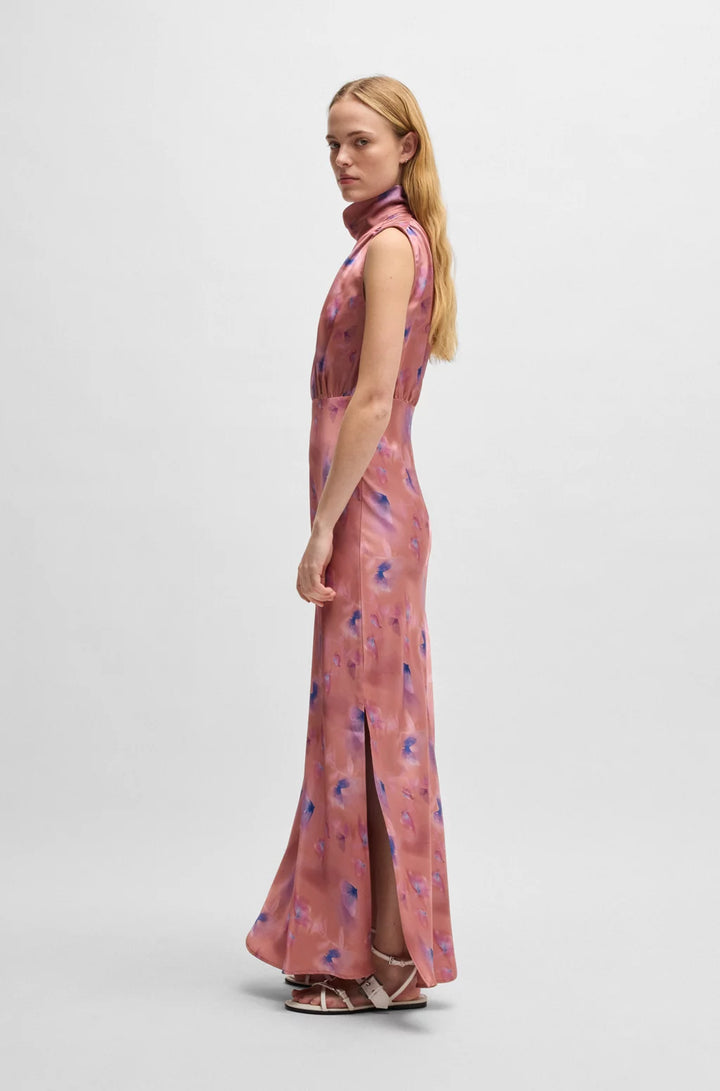HUGO HIGH-NECK BUTTERFLY-PRINT MAXI DRESS IN SOFT SATIN