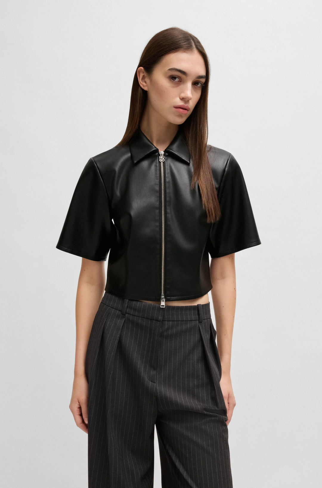 HUGO Sharp-fit top in faux leather with point collar