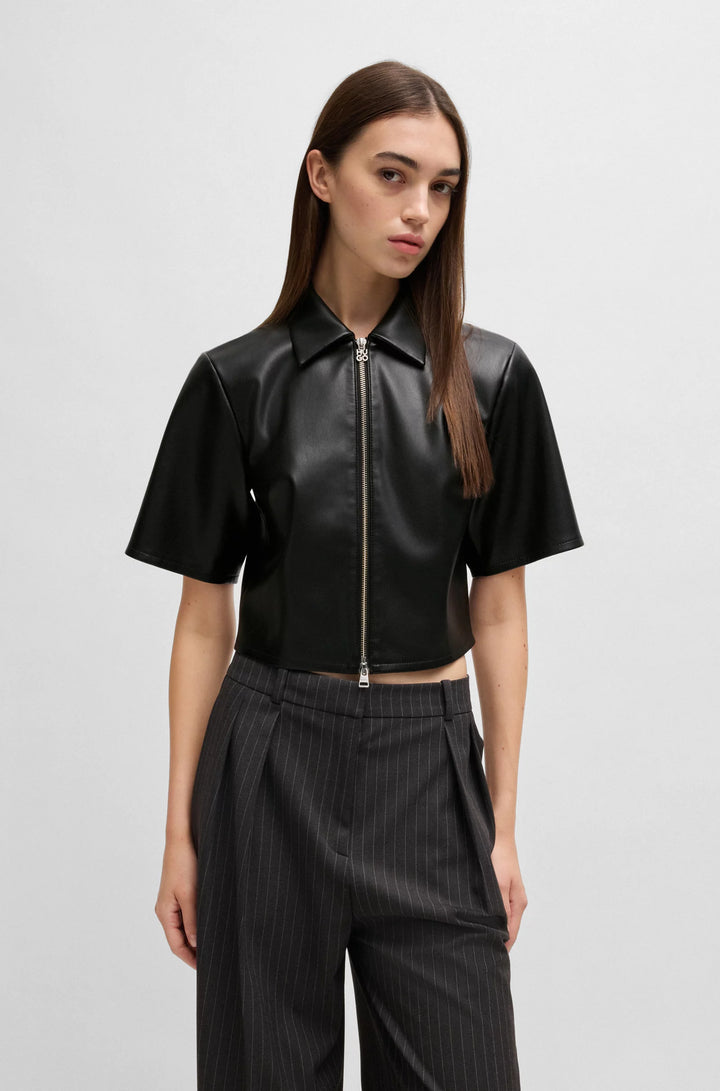 HUGO Sharp-fit top in faux leather with point collar