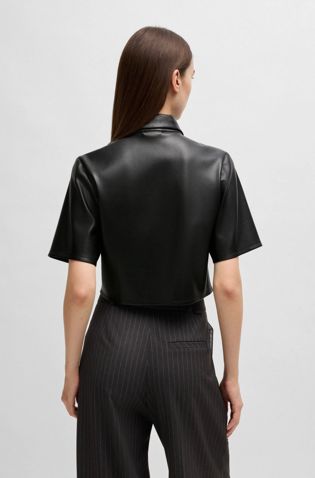 HUGO Sharp-fit top in faux leather with point collar