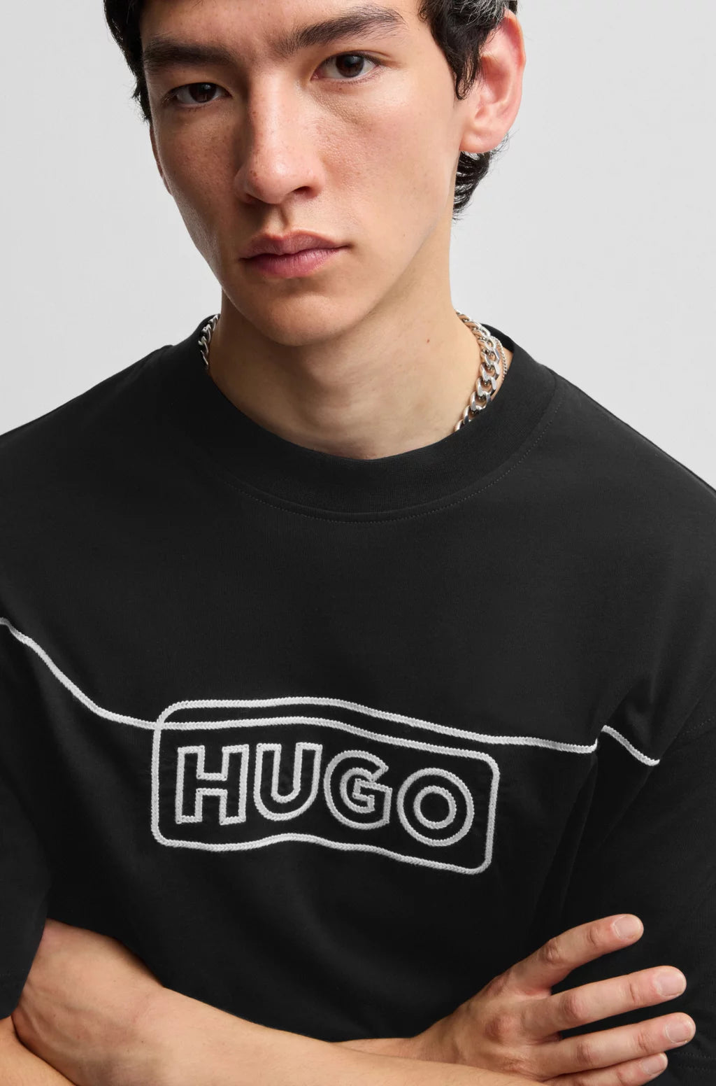 HUGO COTTON-JERSEY T-SHIRT WITH CHAIN-STITCH LOGO