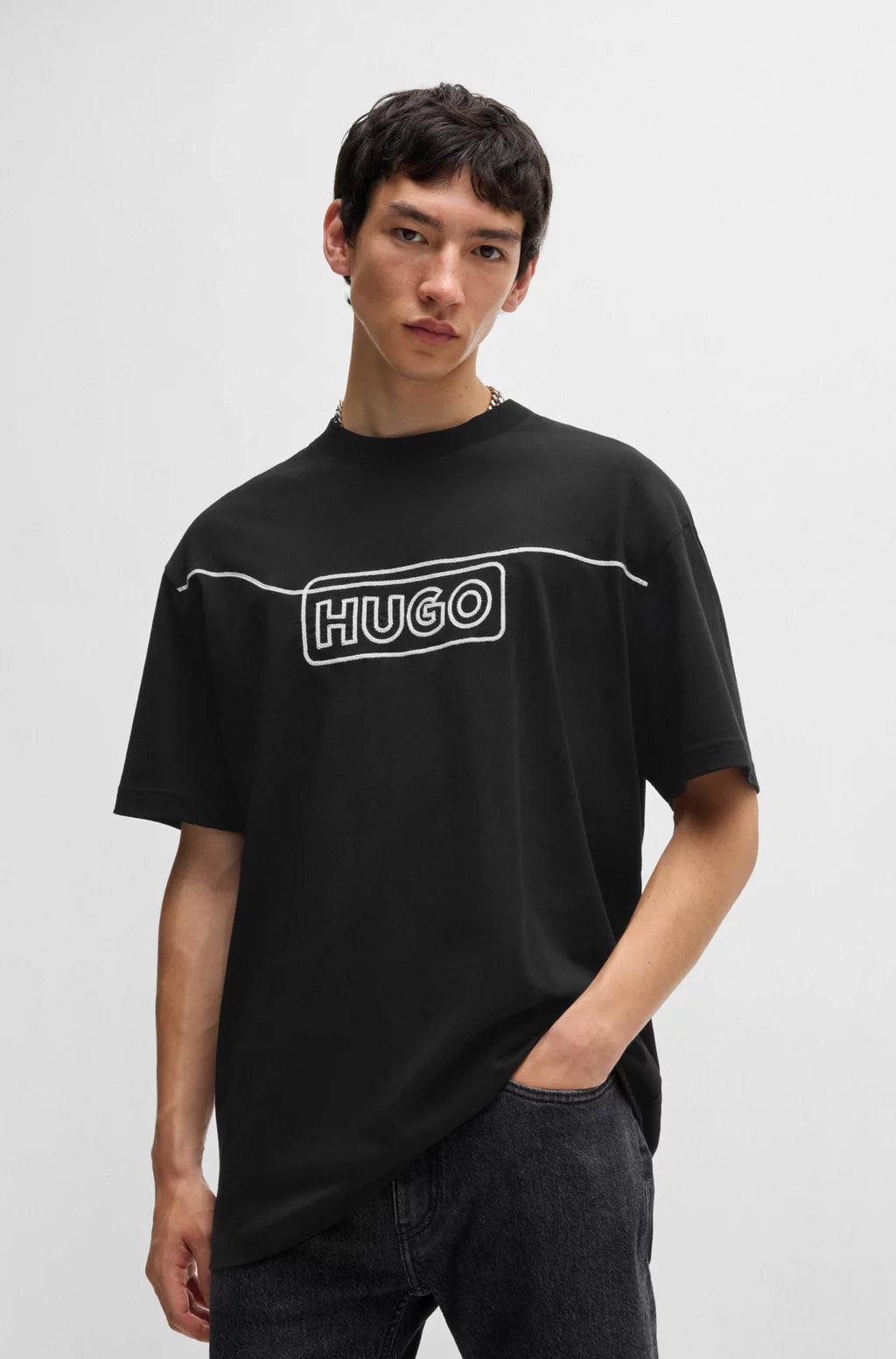 HUGO COTTON-JERSEY T-SHIRT WITH CHAIN-STITCH LOGO