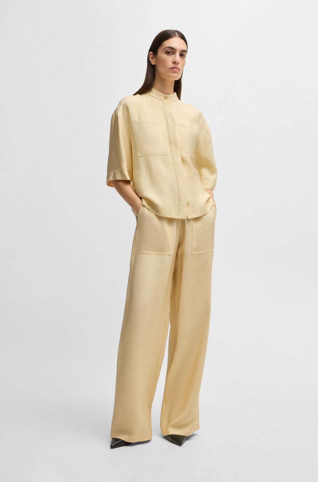 BOSS Relaxed-fit blouse in soft twill with stand collar