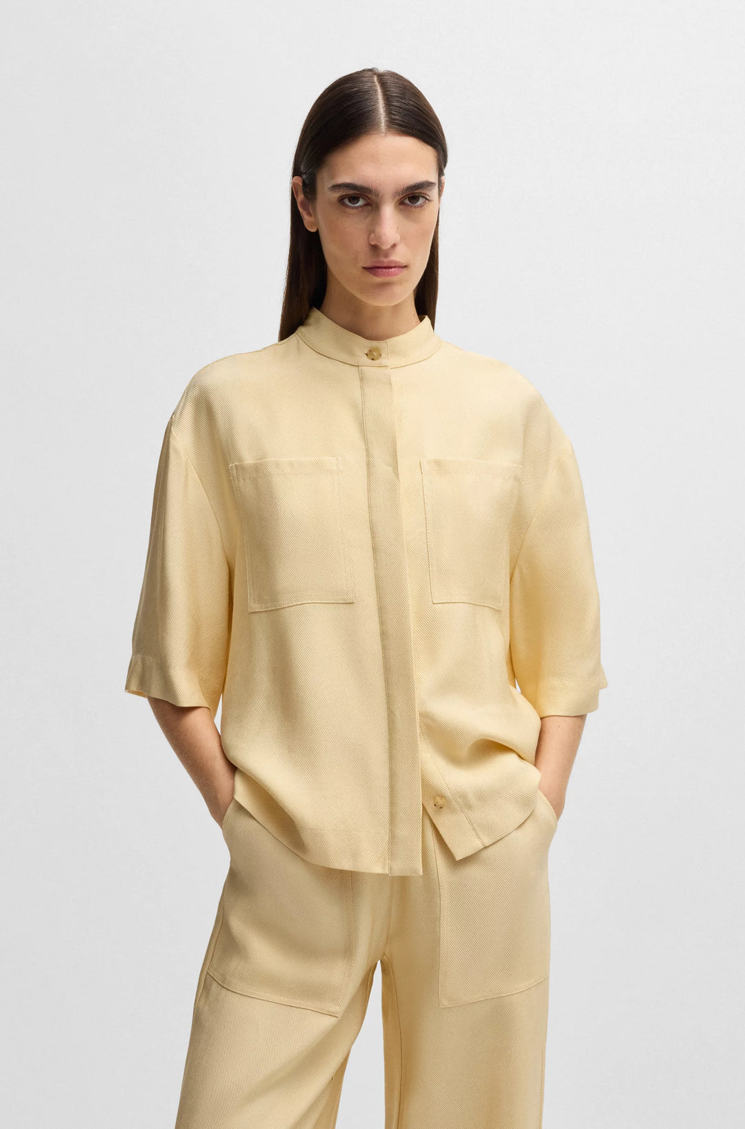 BOSS Relaxed-fit blouse in soft twill with stand collar