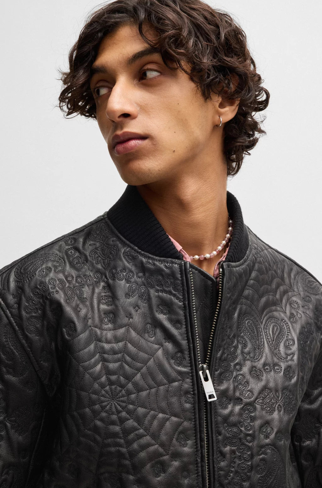 HUGO Leather jacket with spiderweb and bandanna pattern