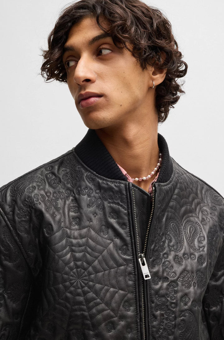 HUGO Leather jacket with spiderweb and bandanna pattern