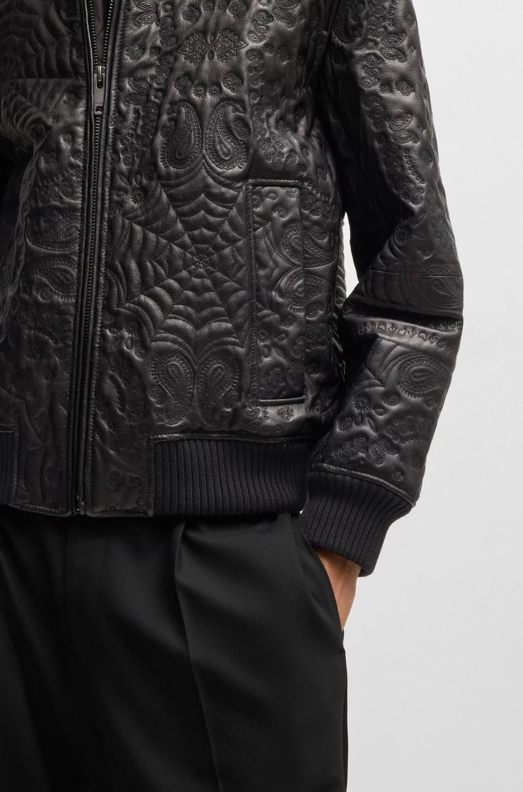 HUGO Leather jacket with spiderweb and bandanna pattern