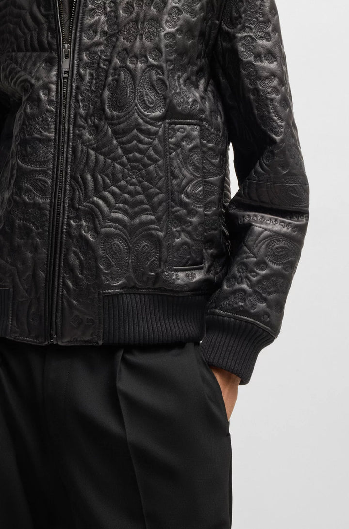 HUGO Leather jacket with spiderweb and bandanna pattern