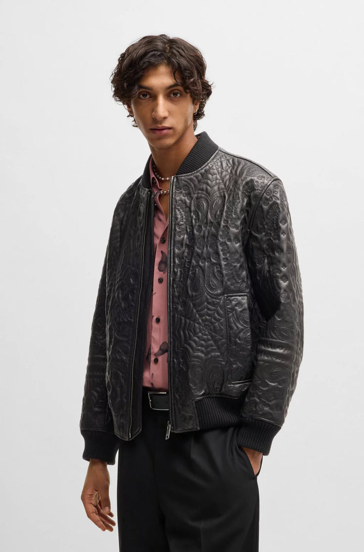 HUGO Leather jacket with spiderweb and bandanna pattern