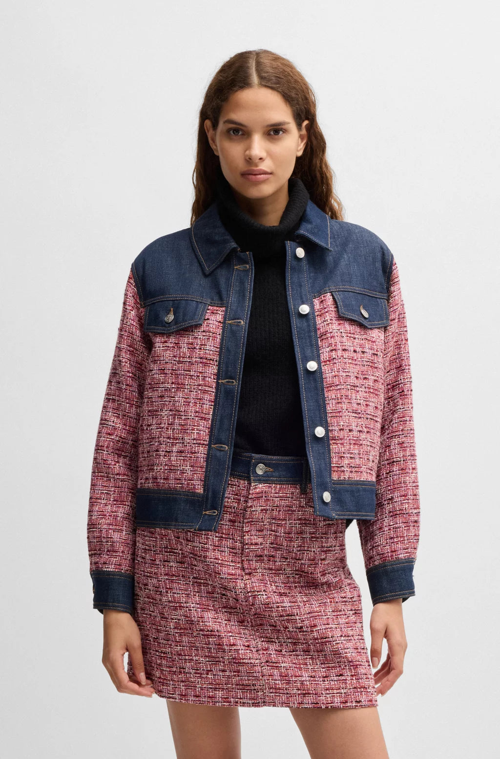 BOSS MULTICOLORED-TWEED JACKET WITH DENIM TRIMS