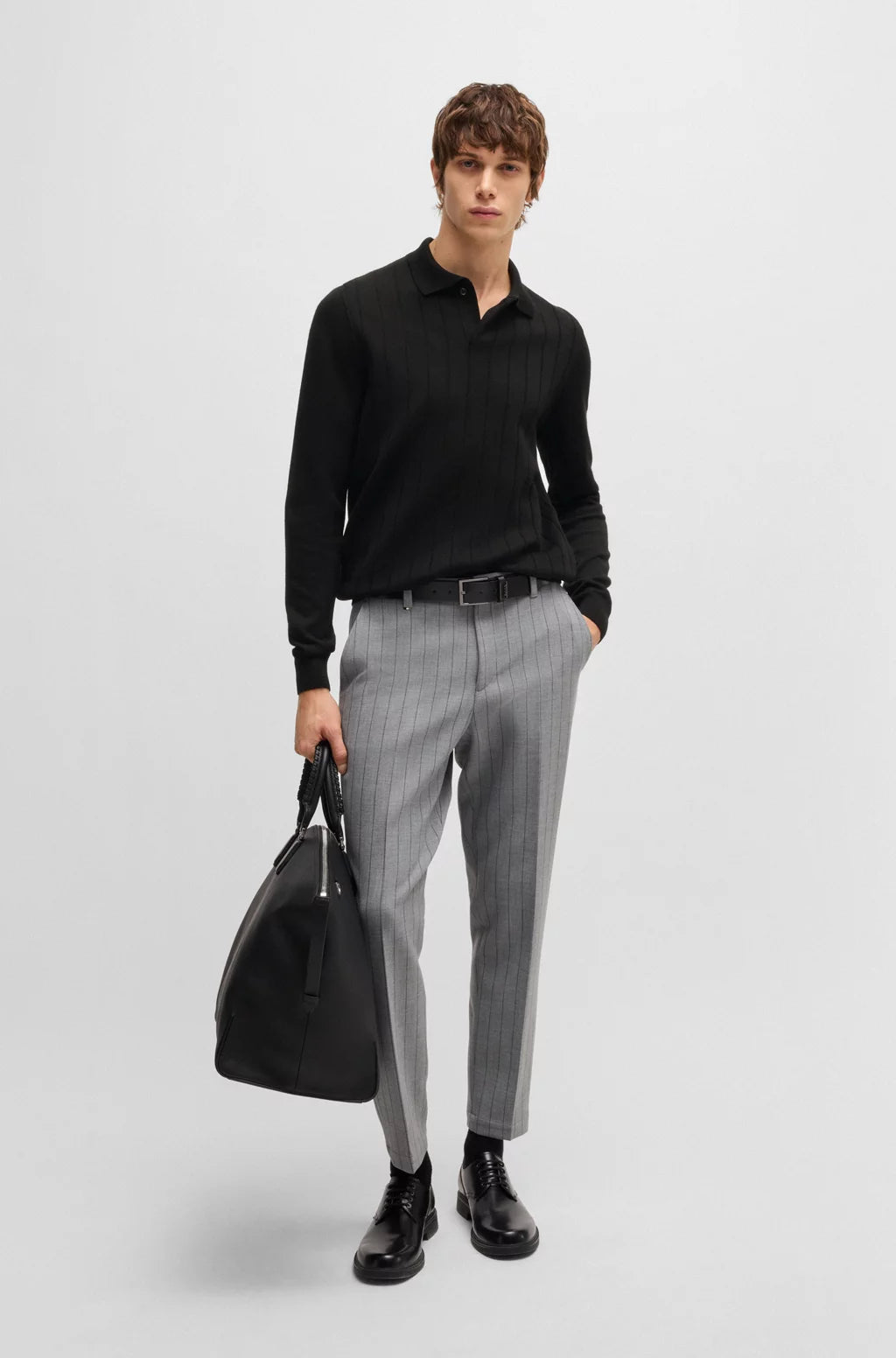 BOSS Wool polo sweater with knitted stripes