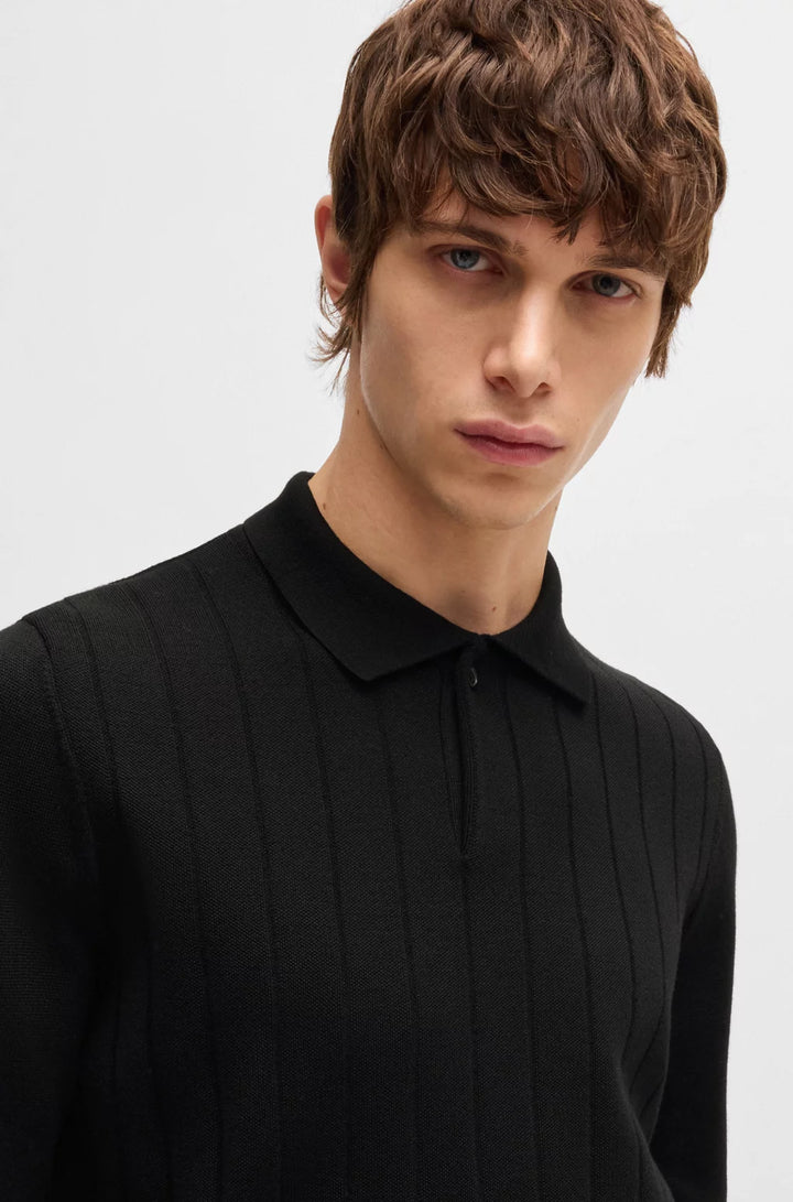 BOSS Wool polo sweater with knitted stripes