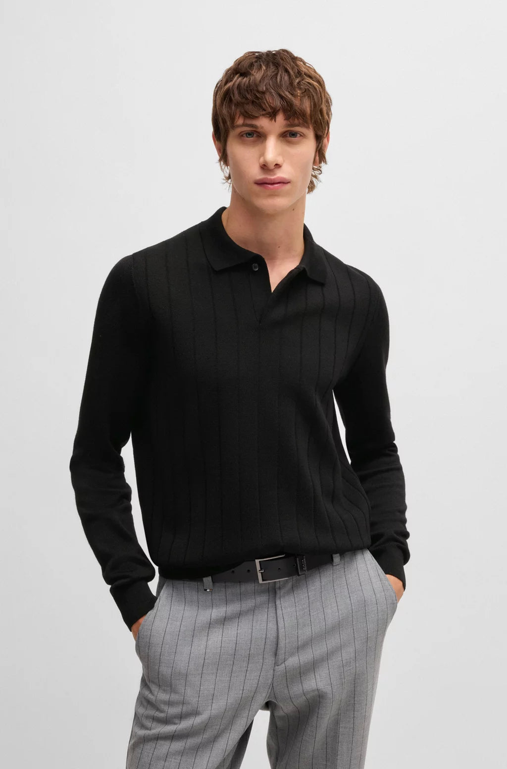 BOSS Wool polo sweater with knitted stripes