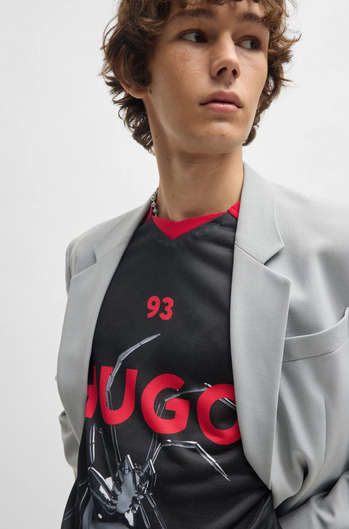 HUGO RELAXED-FIT FOOTBALL-STYLE MESH T-SHIRT WITH SEASONAL PRINT
