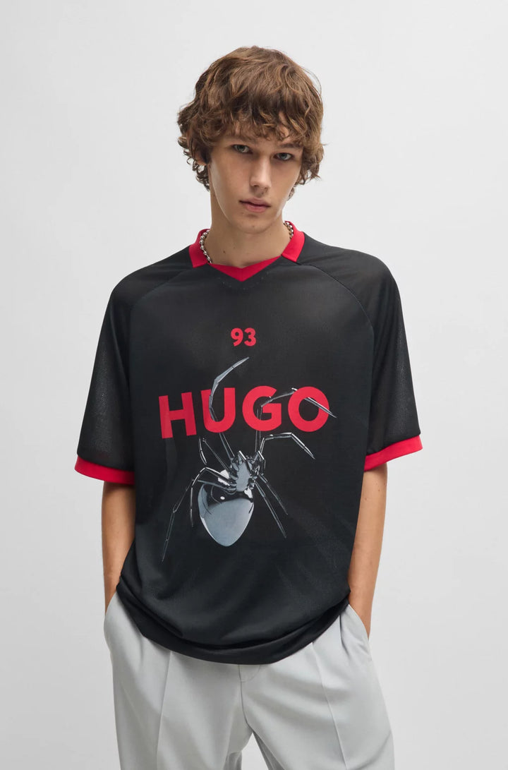 HUGO RELAXED-FIT FOOTBALL-STYLE MESH T-SHIRT WITH SEASONAL PRINT