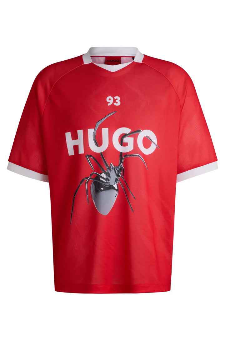 HUGO RELAXED-FIT FOOTBALL-STYLE MESH T-SHIRT WITH SEASONAL PRINT