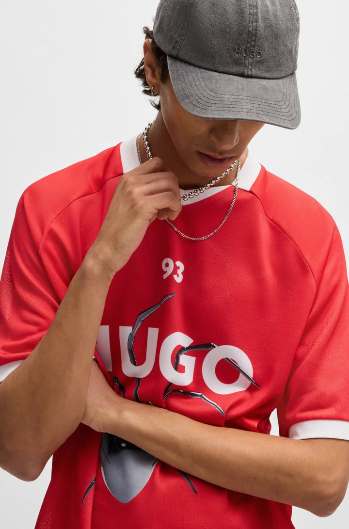 HUGO RELAXED-FIT FOOTBALL-STYLE MESH T-SHIRT WITH SEASONAL PRINT