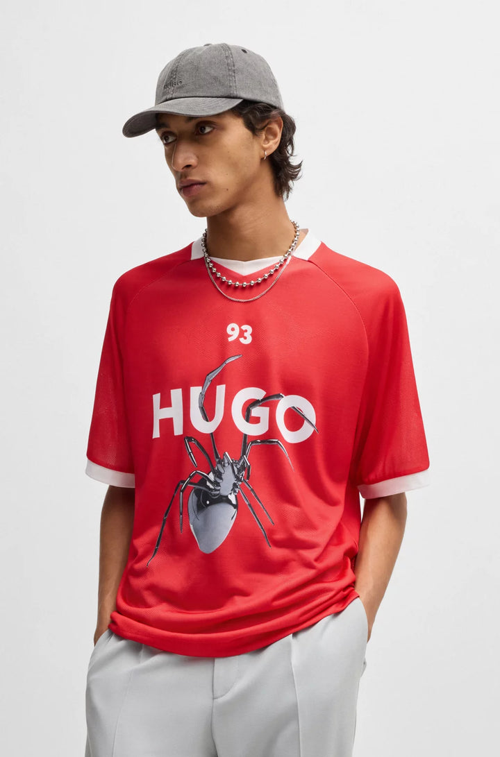 HUGO RELAXED-FIT FOOTBALL-STYLE MESH T-SHIRT WITH SEASONAL PRINT