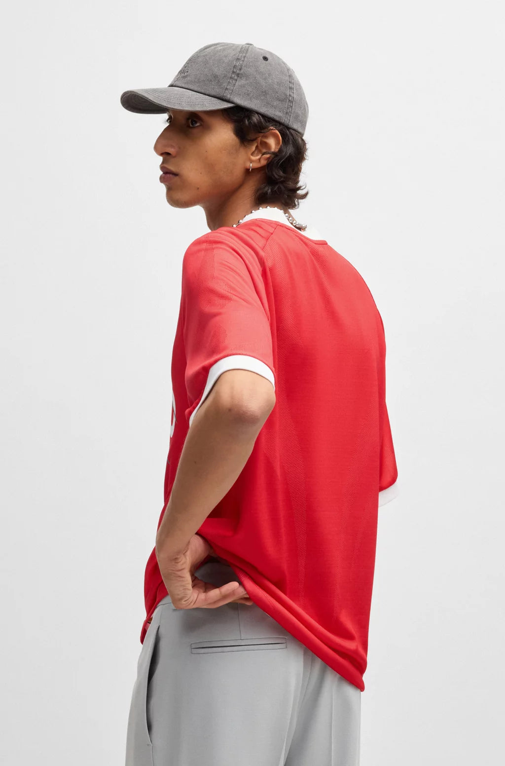 HUGO RELAXED-FIT FOOTBALL-STYLE MESH T-SHIRT WITH SEASONAL PRINT