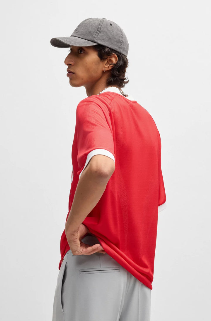 HUGO RELAXED-FIT FOOTBALL-STYLE MESH T-SHIRT WITH SEASONAL PRINT