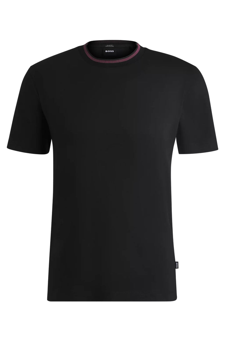 BOSS MERCERIZED-COTTON SLIM-FIT T-SHIRT WITH COLLAR STRIPE